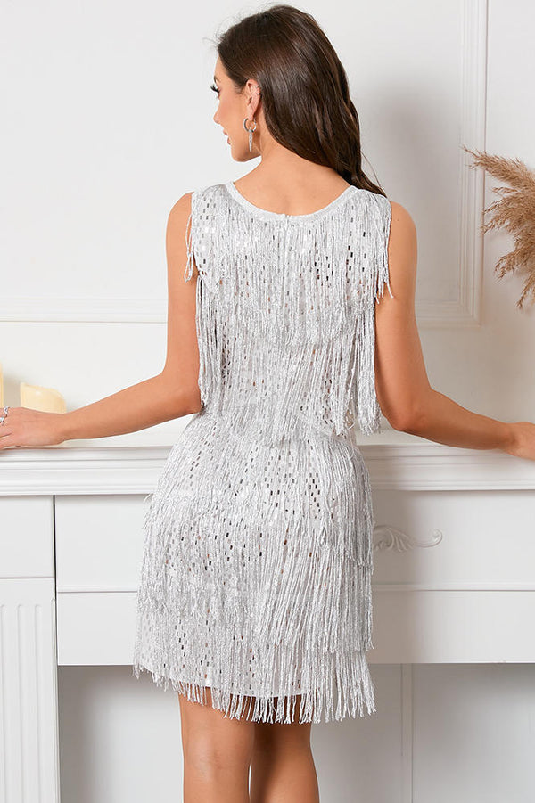 V-Neck Silver Short Party Dress with Tassel
