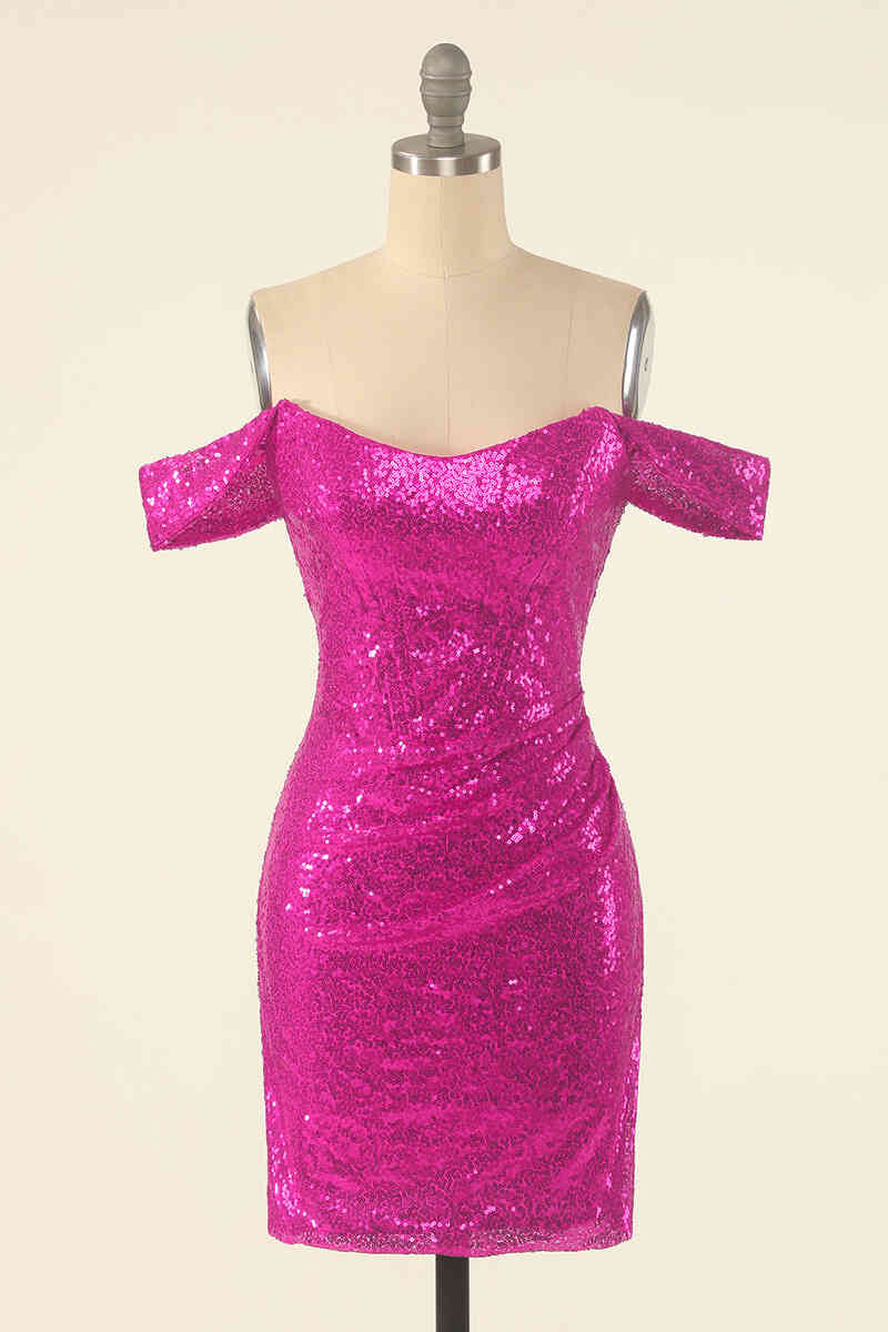 Neon Pink Off the Shoulder Sequined Bodycon Homecoming Dress