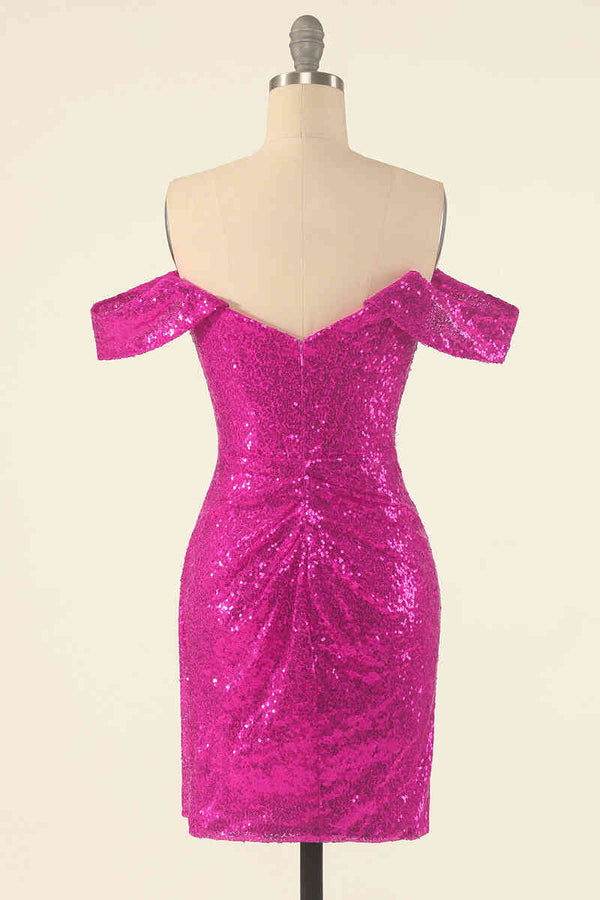 Neon Pink Off the Shoulder Sequined Bodycon Homecoming Dress