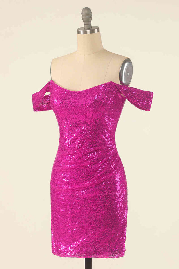 Neon Pink Off the Shoulder Sequined Bodycon Homecoming Dress
