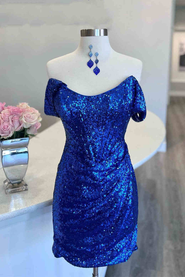 Neon Pink Off the Shoulder Sequined Bodycon Homecoming Dress