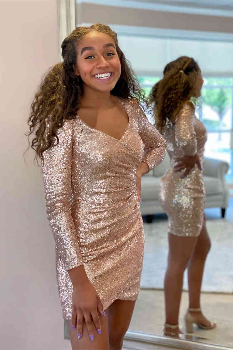 Sparkle Short V-Neck Rose Gold Homecoming Dress FancyVestido Sparkle Short V-Neck Rose Gold Homecoming Dress FancyVestido