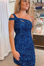One Shoulder Blue Sequined Bodycon Homecoming Dress