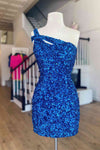 One Shoulder Blue Sequined Bodycon Homecoming Dress