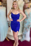 Tie Straps Royal Blue Beaded Bodycon Homecoming Dress