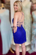 Tie Straps Royal Blue Beaded Bodycon Homecoming Dress