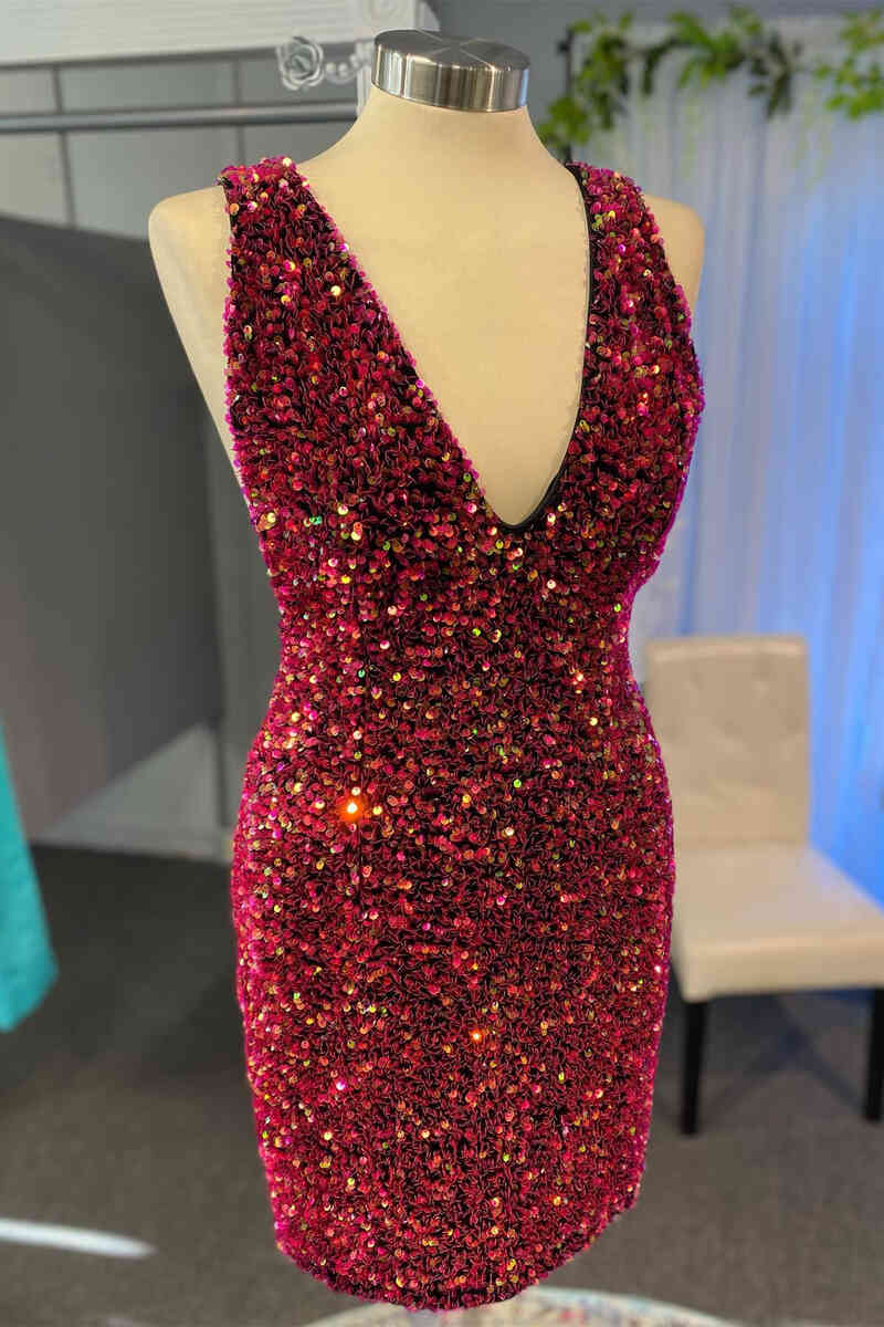 Glitter Burgundy V-Neck Sequined Bodycon Homecoming Dress FancyVestido Glitter Burgundy V-Neck Sequined Bodycon Homecoming Dress FancyVestido