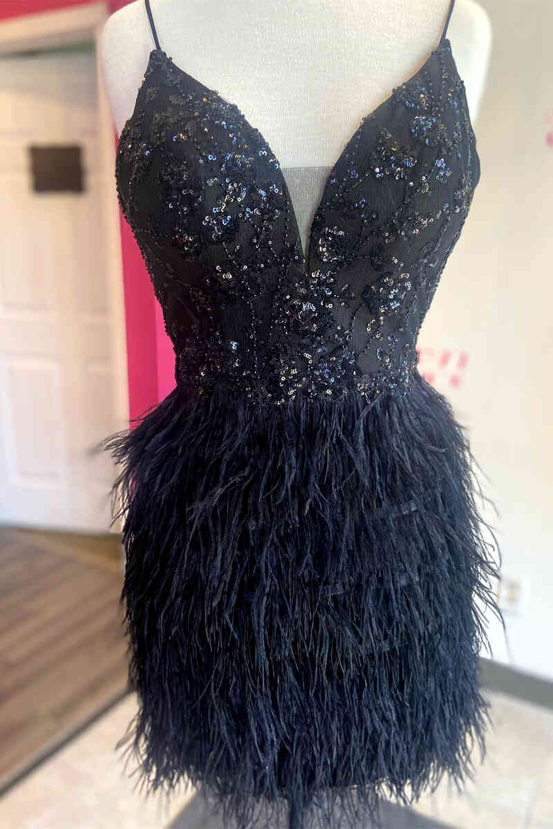Sequined Top Black Tight Homecoming Dress with Feather