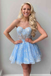 Sweetheart Light Blue Bustier Lace Short Homecoming Dress