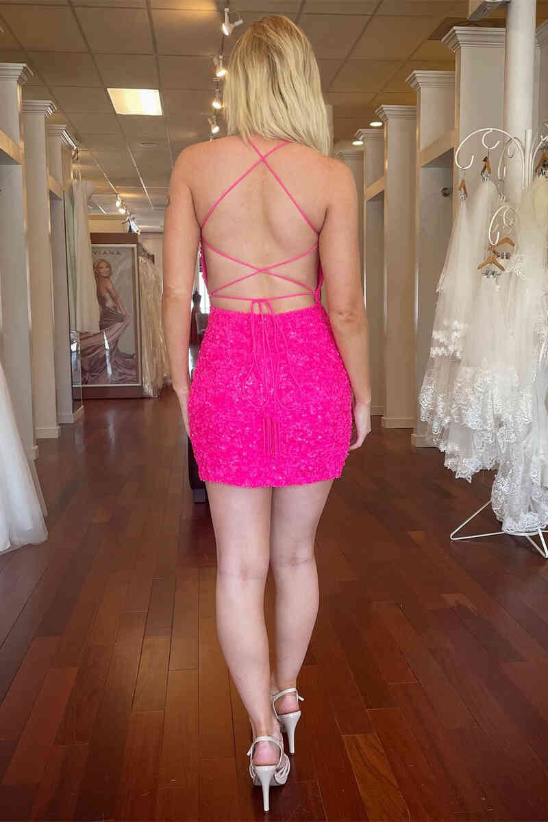 Straps Hot Pink Sequined Tight Homecoming Dress