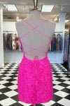 Straps Hot Pink Sequined Tight Homecoming Dress