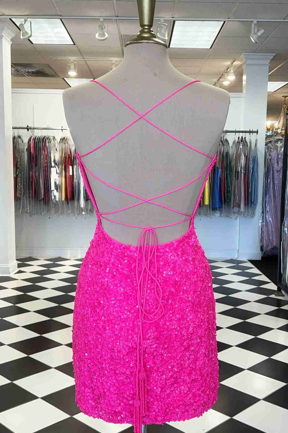 Sparkly Hot Pink Tight Homecoming Dress Sleeveless Sequined Party Dress GM527 main image 1