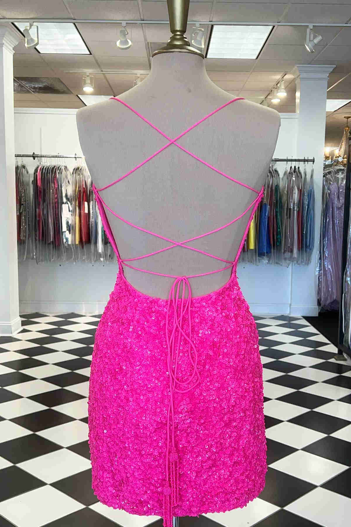 Straps Hot Pink Sequined Tight Homecoming Dress – FancyVestido