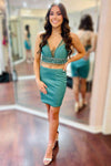 Two Piece Teal Beaded Short Homecoming Dress