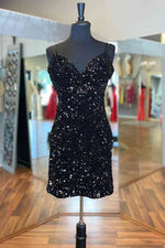 Cirss Cross Straps Black Sequined Homecoming Dress