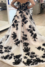 Off the Shoulder Tulle Long Wedding Dress with Black Appliques