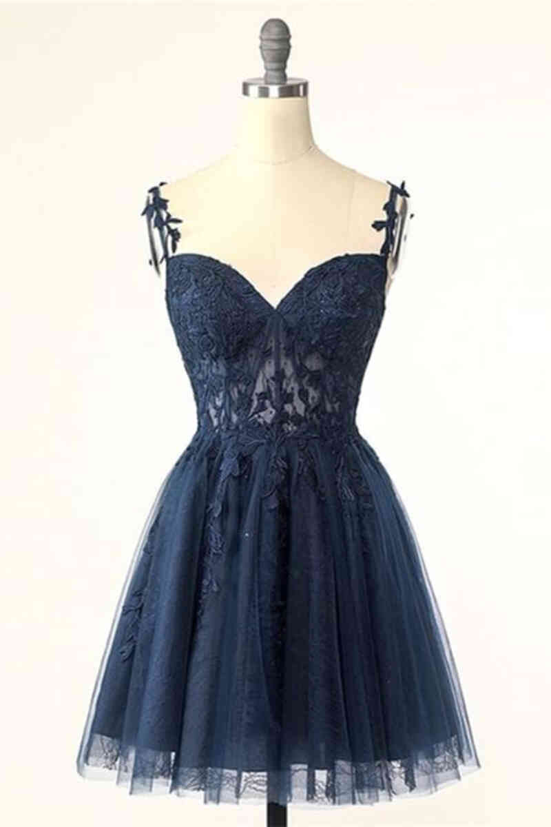 Straps A-Line Navy Lace Appliqeus Short Party Dress