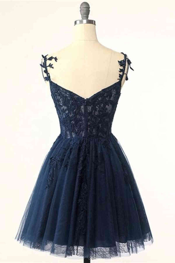 Straps A-Line Navy Lace Appliques Short Party Dress