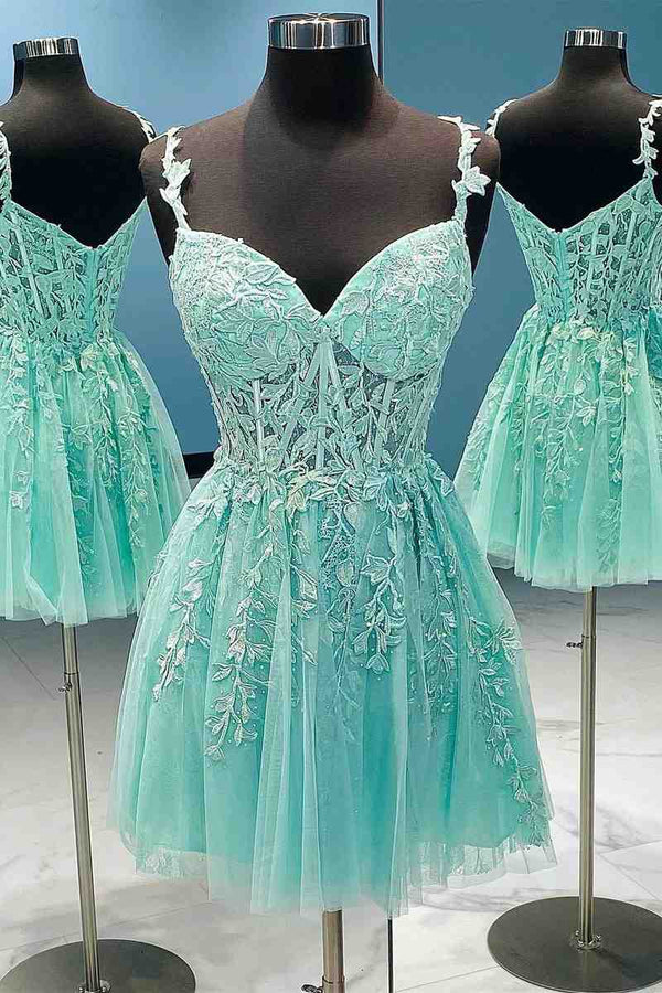 Straps A-Line Navy Lace Appliques Short Party Dress