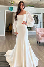 Square Neck Ivory Long Sleeves Mermaid Wedding Dress