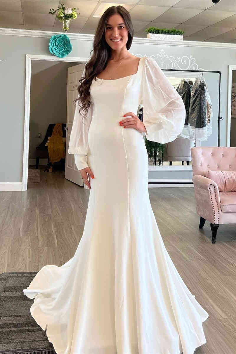 Square Neck Ivory Long Sleeves Mermaid Wedding Dress FancyVestido Square Neck Ivory Long Sleeves Mermaid Wedding Dress FancyVestido