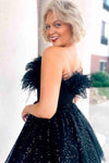 Strapless Black Feather A-Line Short Homecoming Dress