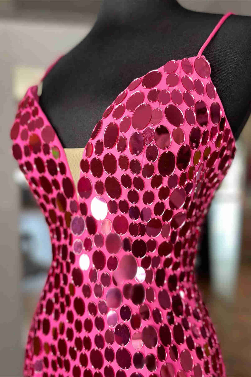 Tight Hot Pink Glass Mirror Sequined Homecoming Dress