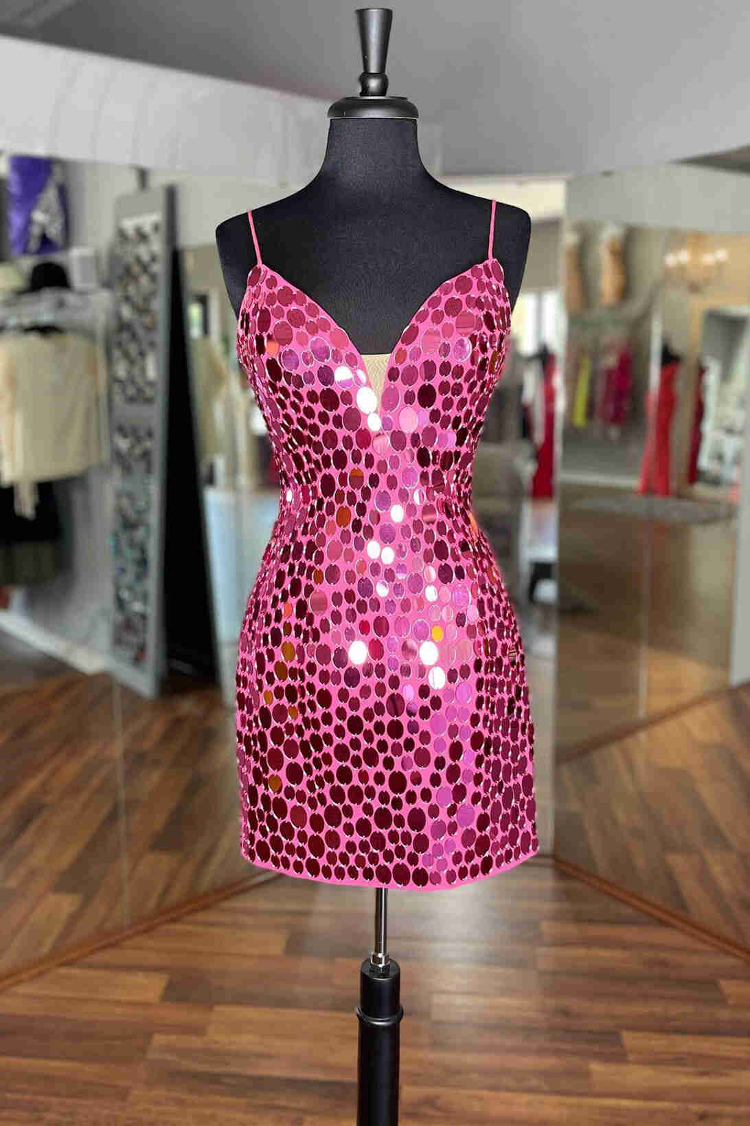 Tight Hot Pink Glass Mirror Sequined Homecoming Dress FancyVestido Tight Hot Pink Glass Mirror Sequined Homecoming Dress FancyVestido
