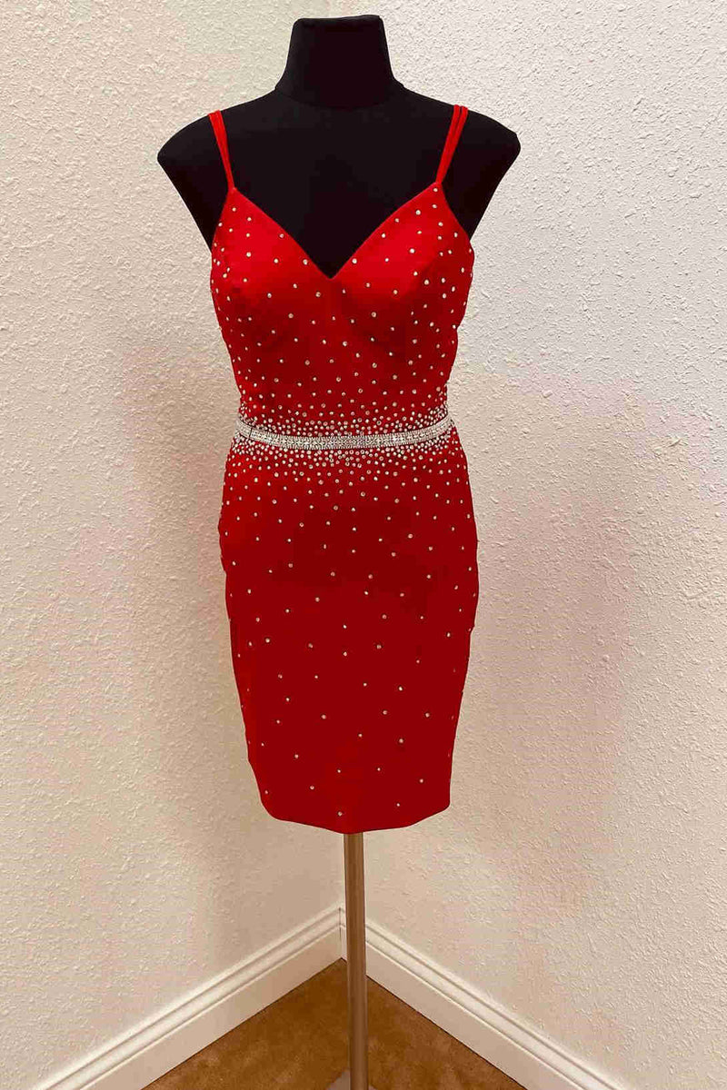 Straps Red Short Homecoming Dress with Rhinestones