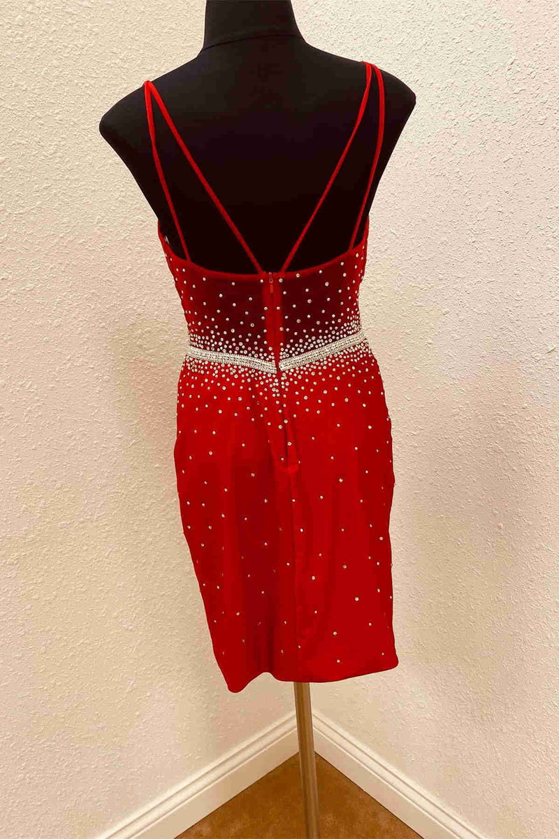 Straps Red Short Homecoming Dress with Rhinestones