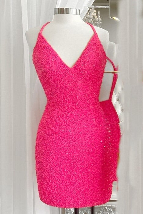 Hot Pink Sequined Open Back Mini Homecoming Dress