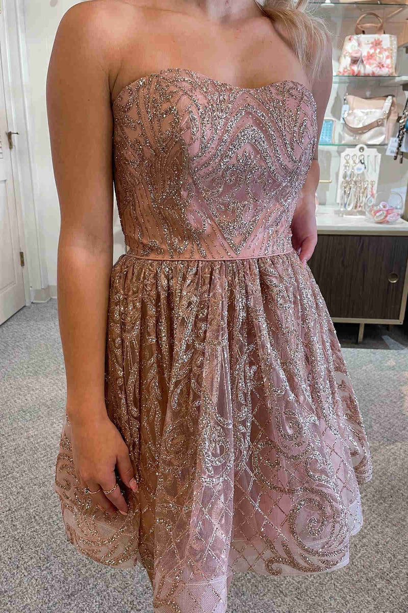Glitter Strapless Dusty Rose A-Line Homecoming Dress