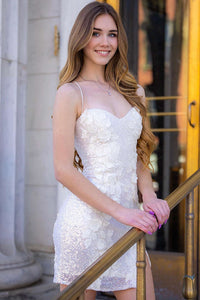This tight short homecoming dress features hater neckline and sequins