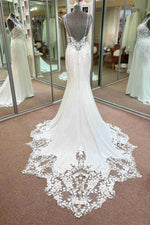 Backless V-Neck White Aappliqued Wedding Dress with Train