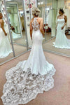 Mermaid Halter White Long Bridal Dress with Lace Sweep Train
