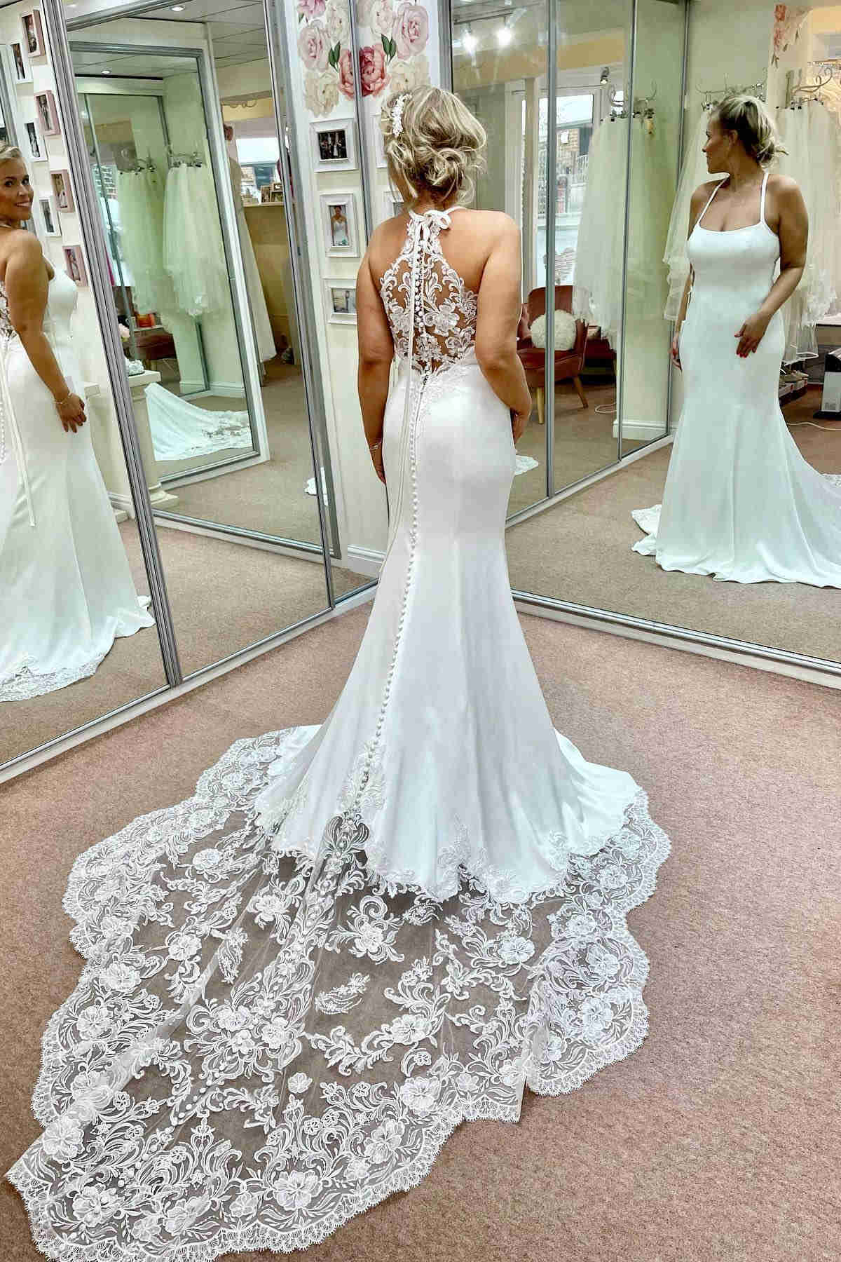 Mermaid Halter White Long Bridal Dress with Lace Sweep Train – FancyVestido
