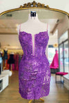 Lilac Sequins Appliqued Bodycon Homecoming Dress with Feather