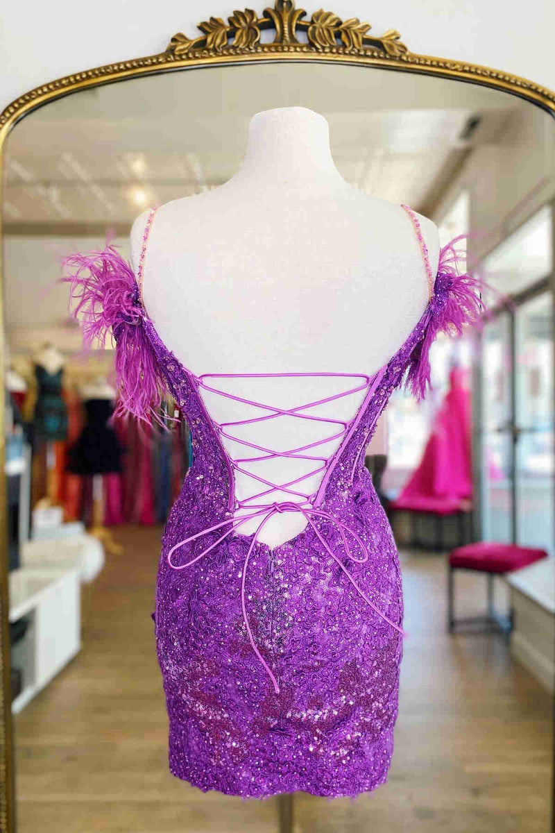 Lilac Sequins Appliqued Bodycon Homecoming Dress with Feather