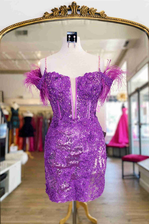 Lilac Sequins Appliqued Bodycon Homecoming Dress with Feather