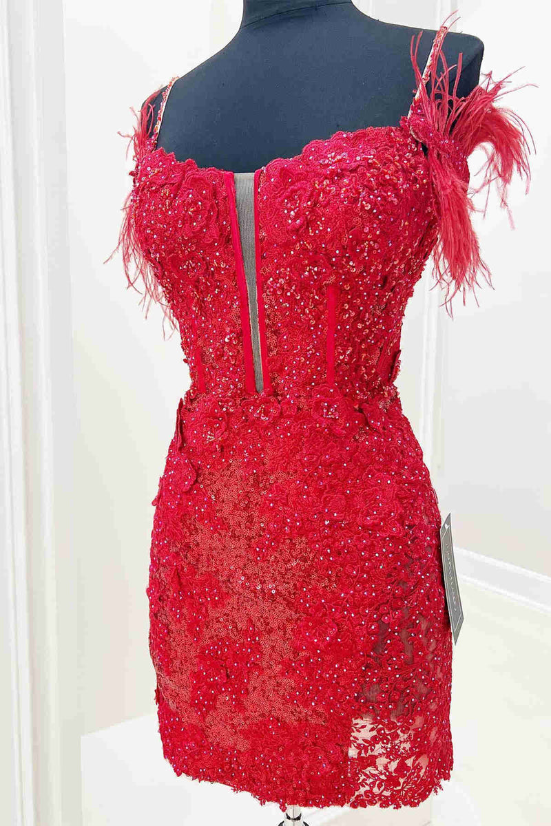 Lilac Sequins Appliqued Bodycon Homecoming Dress with Feather