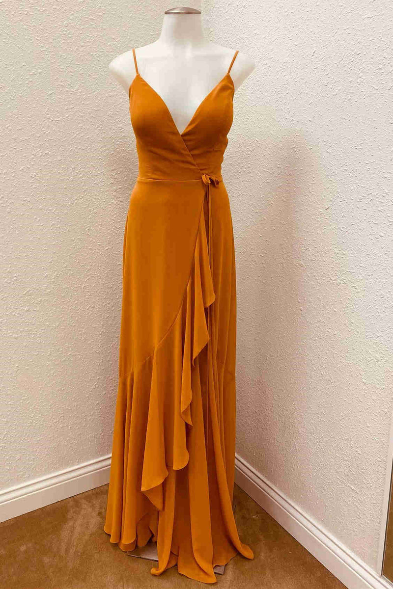 V-Neck Straps Pumpkin Ruffled Bridesmaid Dress