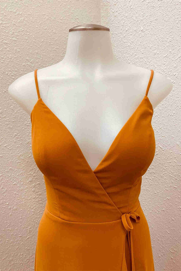V-Neck Straps Pumpkin Ruffled Bridesmaid Dress