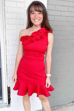 Ruffle Shoulder Red Short Homecoming Dress