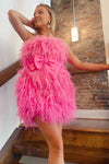 Strapless Hot Pink Feather Short Party Dress with Bow