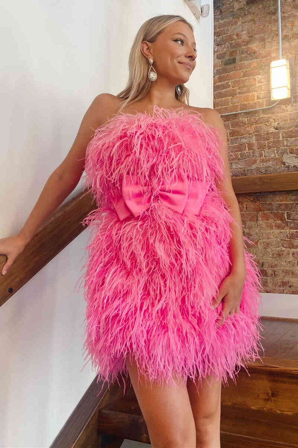 Strapless Hot Pink Feather Short Party Dress with Bow