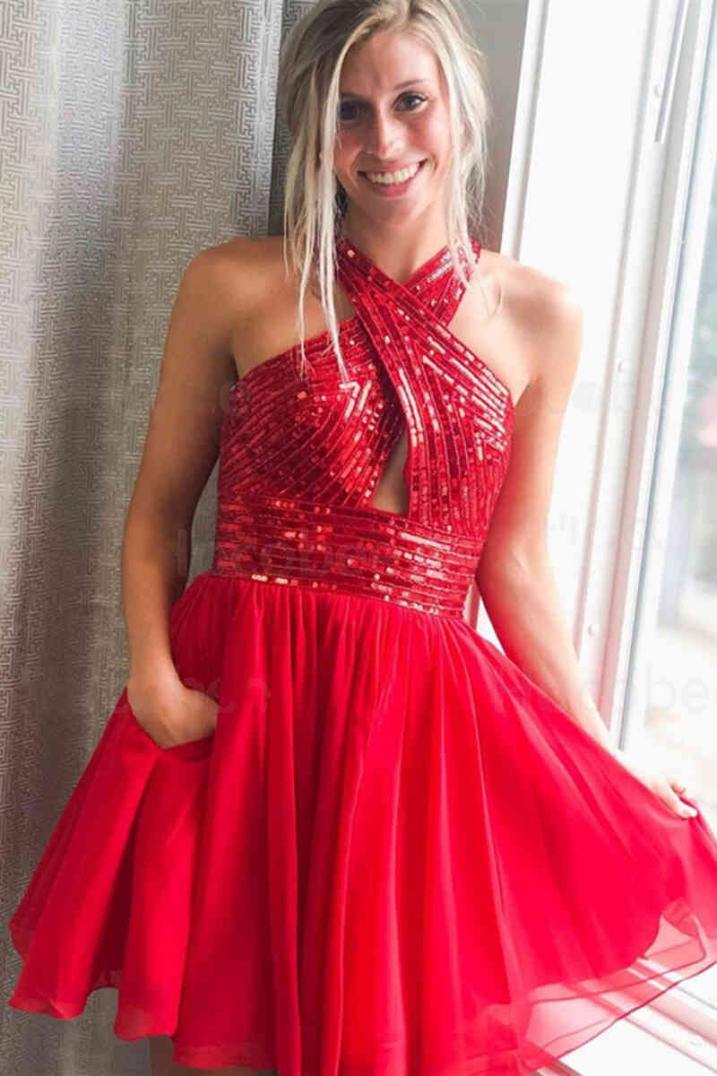 This tight short homecoming dress features hater neckline and sequins. FancyVestido This tight short homecoming dress features hater neckline and sequins. FancyVestido