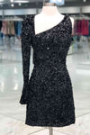 Asymmetrical Black Sequined Homecoming Dress with Long Sleeve