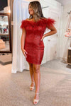 Tight Off the Shoulder Red Feather Bodycon Homecoming Dress