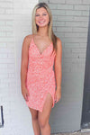 Coral V-Neck Sequined Short Homecoming Dress