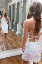 Coral V-Neck Sequined Short Homecoming Dress